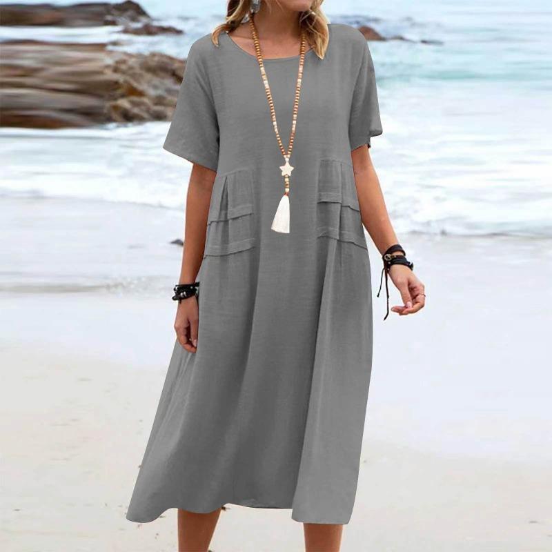 Summer Loose Casual Cotton Linen Solid Color Round Neck Short Sleeved Mid Length Dress for Women Casual Dresses