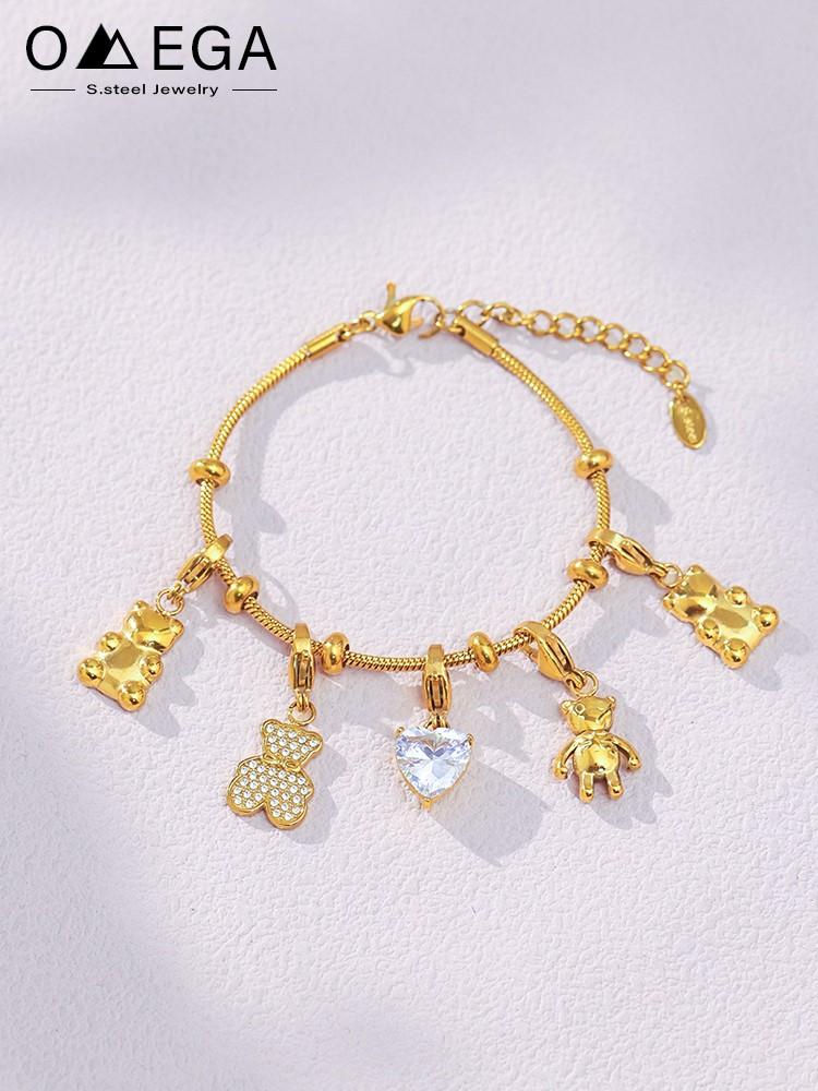 Stainless Steel Multi Bear Charms Bracelets For Women 18k Gold Plated Waterproof Non Tarnish Women's Removable Charm Bracelet