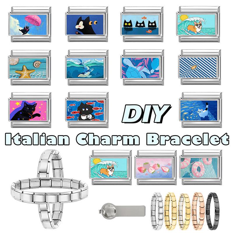 Y2K Lovely Animals Dog Cat Starfish Blue Italian Charm Fit 9mm Stainless Steel Women Men DIY Making Bracelet Jewelry Wholesale