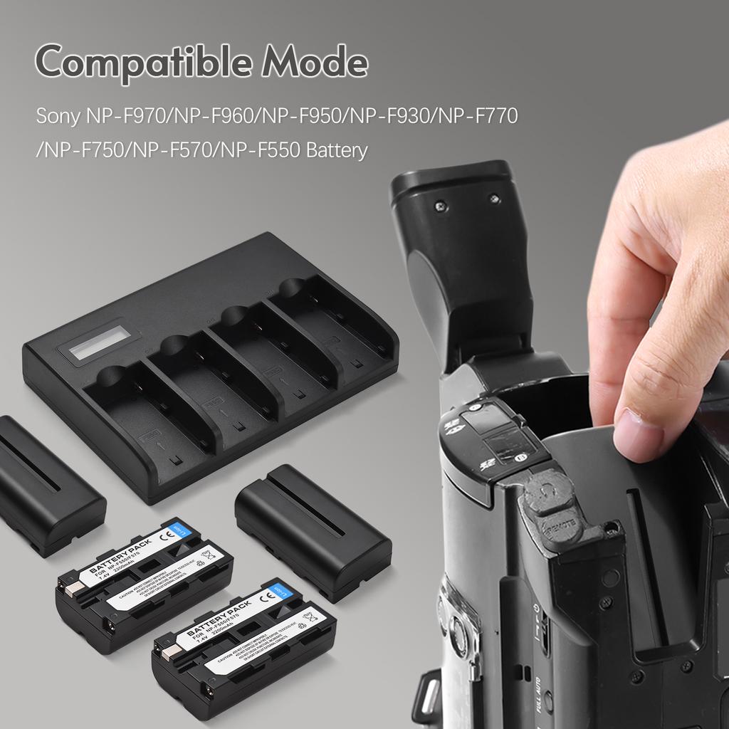 NP-F550-Akkuladegerät, 4-fach-Ladegerät mit LED-Anzeigen, 4 Stück NP-F550-Akkus, 7,4 V, 2200 mAh