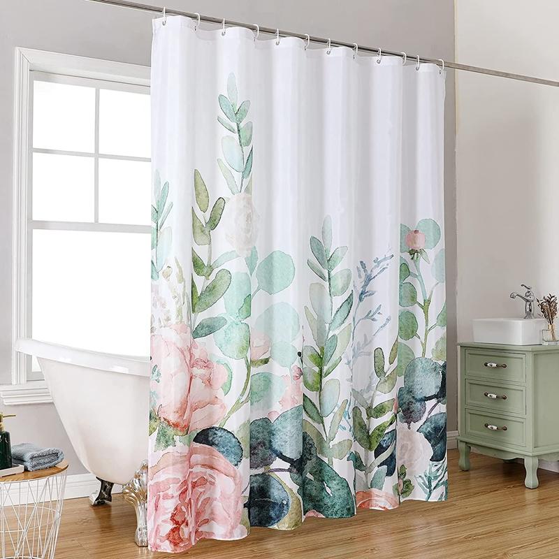 Emerald Green Eucalyptus Shower Curtain Fabric, Watercolor Plant Leaves with Floral Bathroom Shower Curtain Set with Hooks