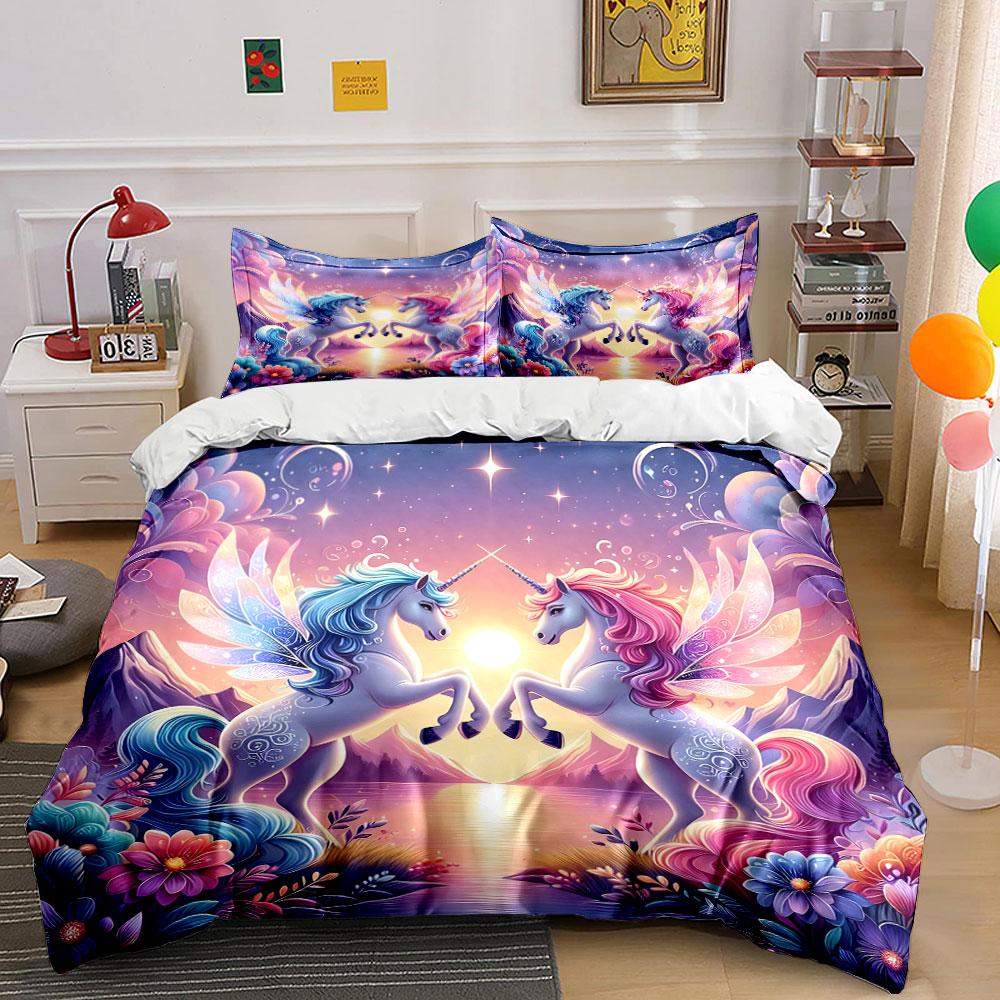 Unicorn Fantasy at Sunset Lake Print Bedding Set Duvet Cover Pillowcases (1* Duvet Cover 2* Pillowcases Do Not Include Comforter)