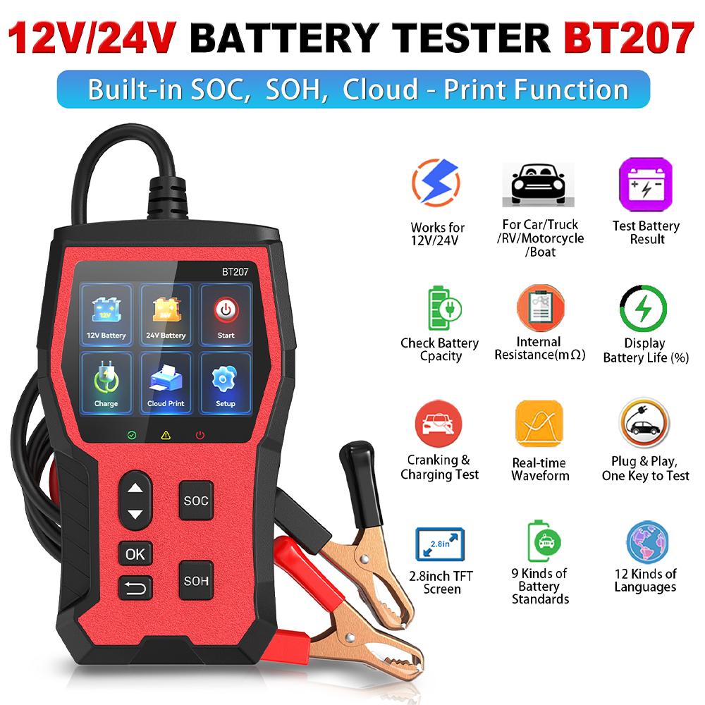BT207 LCD Digitalanzeige Diagnosewerkzeug Auto Zubehör Cloud Druck Auto Batterie Tester Digital Intelligent 12V 24V Fahrzeug Batterie Detektor