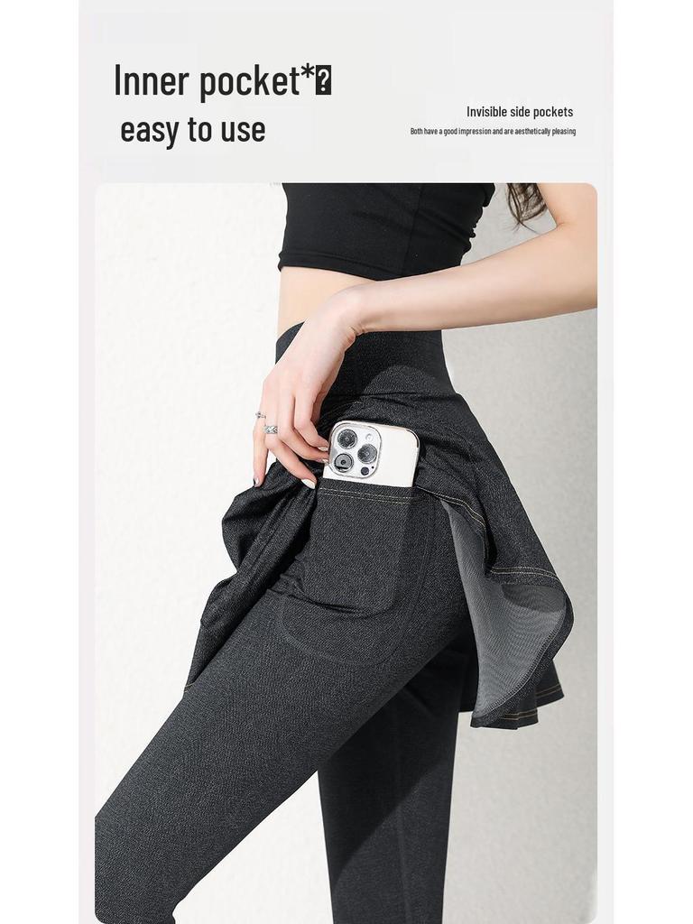 High Waist Two-Piece Yoga Pants - Spring/Summer Tummy Control, Pocketed, Cropped Denim, Plus Size