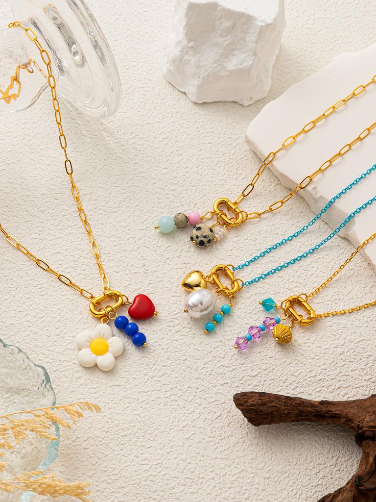 INS style handmade DIY multi pendant necklace, neckchain, pearl heart jewelry, gold-plated and color preserving