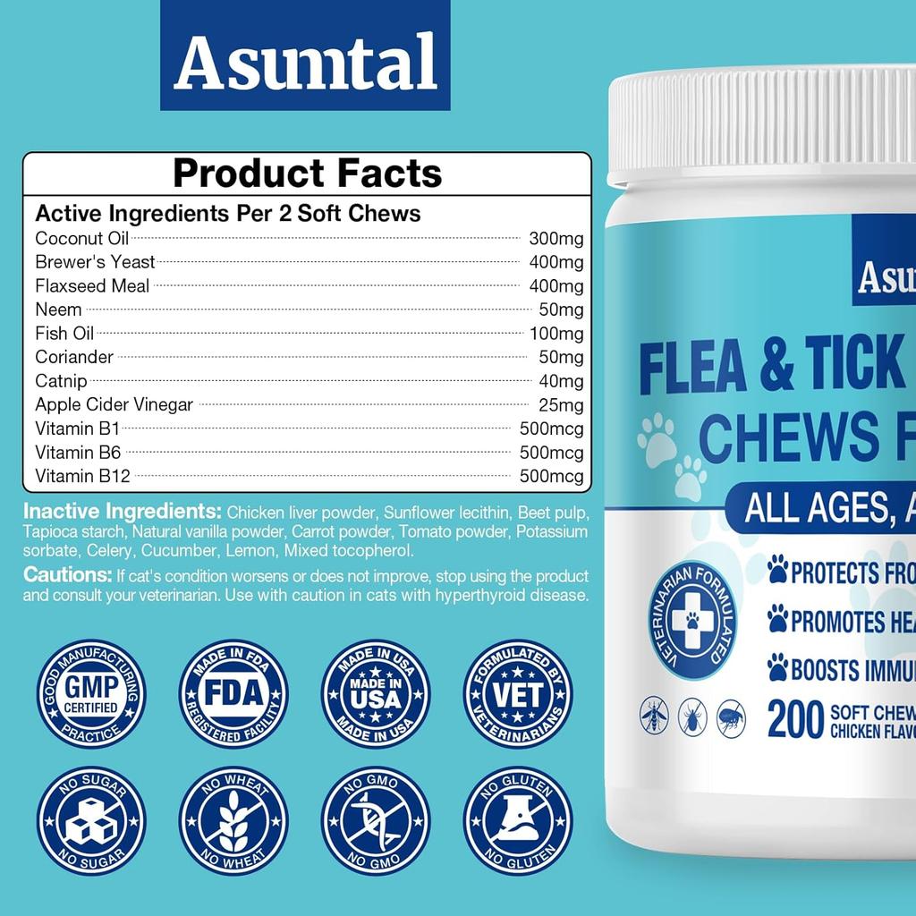 Flea and Tick Prevention for Cats Chewable, Natural Cat Flea Treatment, Oral Kitten Cat Flea & Tick Control, Flea Pills Supplement with Vitamins