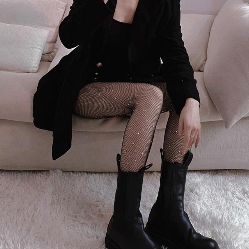 Medias de Rejilla con Diamantes para Mujer Medias Sexy Medias de Nailon Femeninas