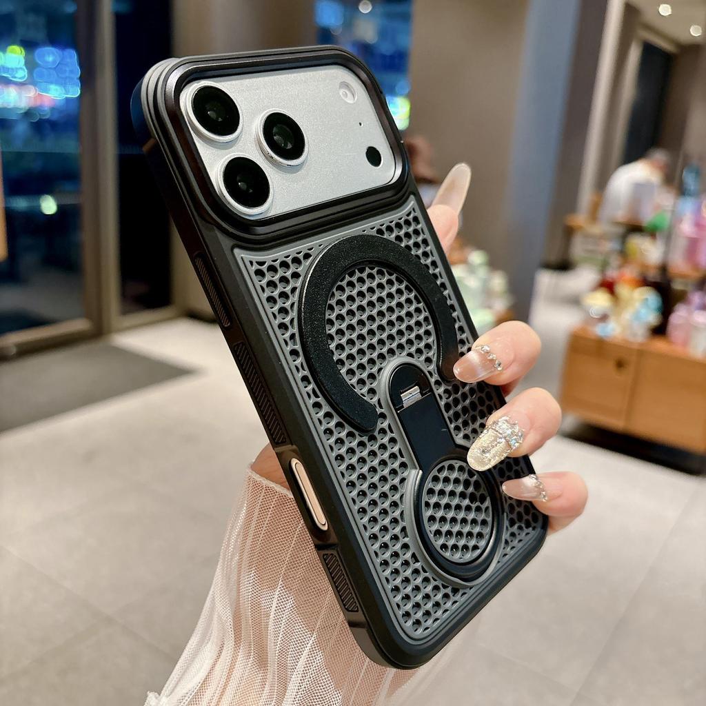 Compatible with iPhone 17 Pro Max Case: Breathable Cooling Mesh, Colorful Rotating Magnetic Stand, Honeycomb Design for iPhone 16.