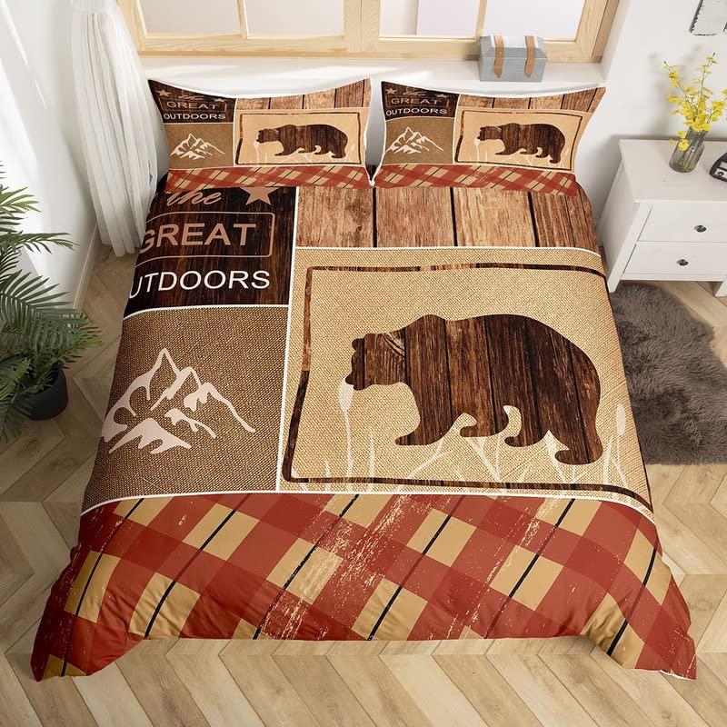 Bear King Queen Duvet Cover Rustic Western Wildlife Comforter Cover Pine Cone Farmhouse Wooden Bedding Set Polyester Quilt Cover