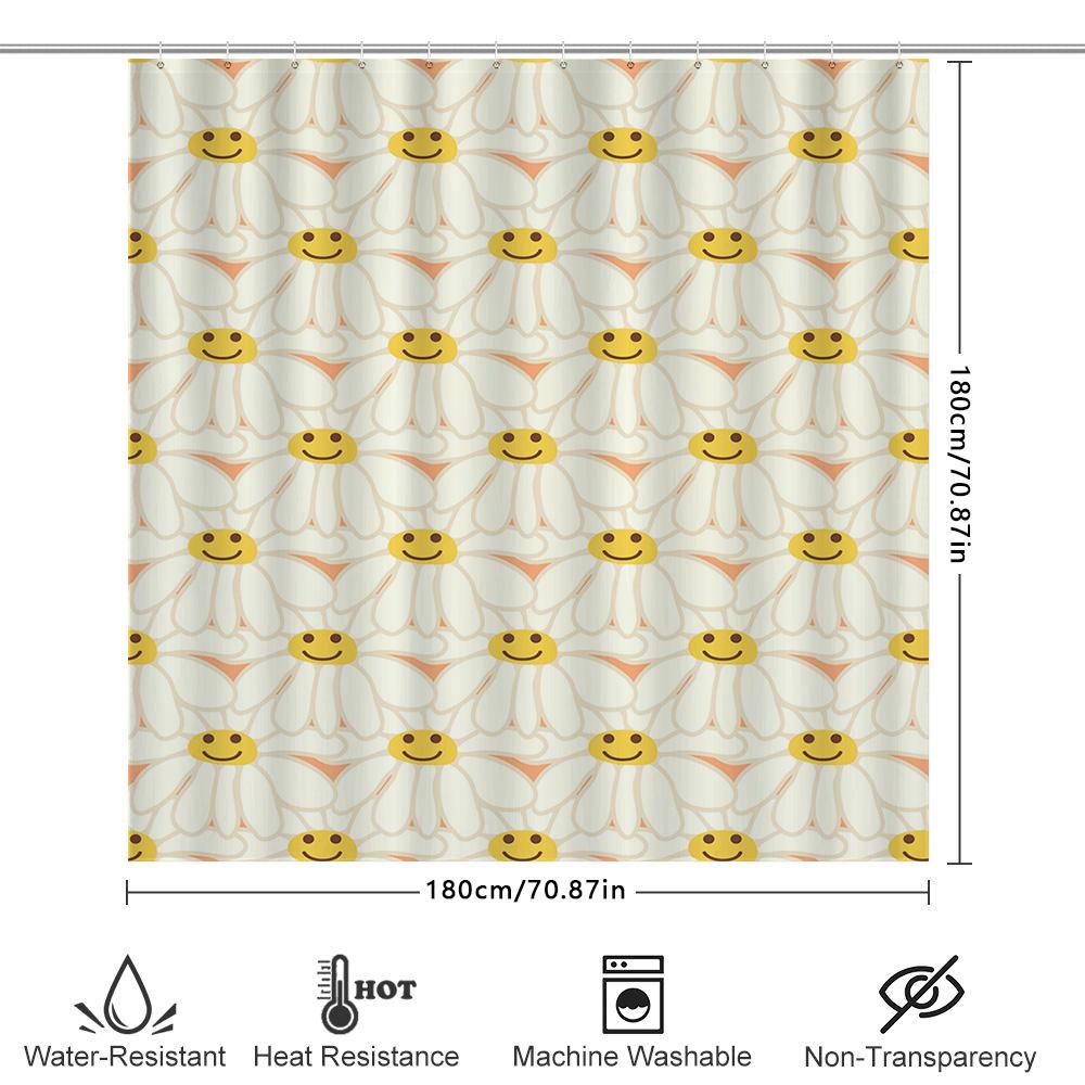 Vintage Style Floral Smiley Face Shower Curtain Waterproof Decoration For Bathroom Accessories White Yellow Flowers Pattern