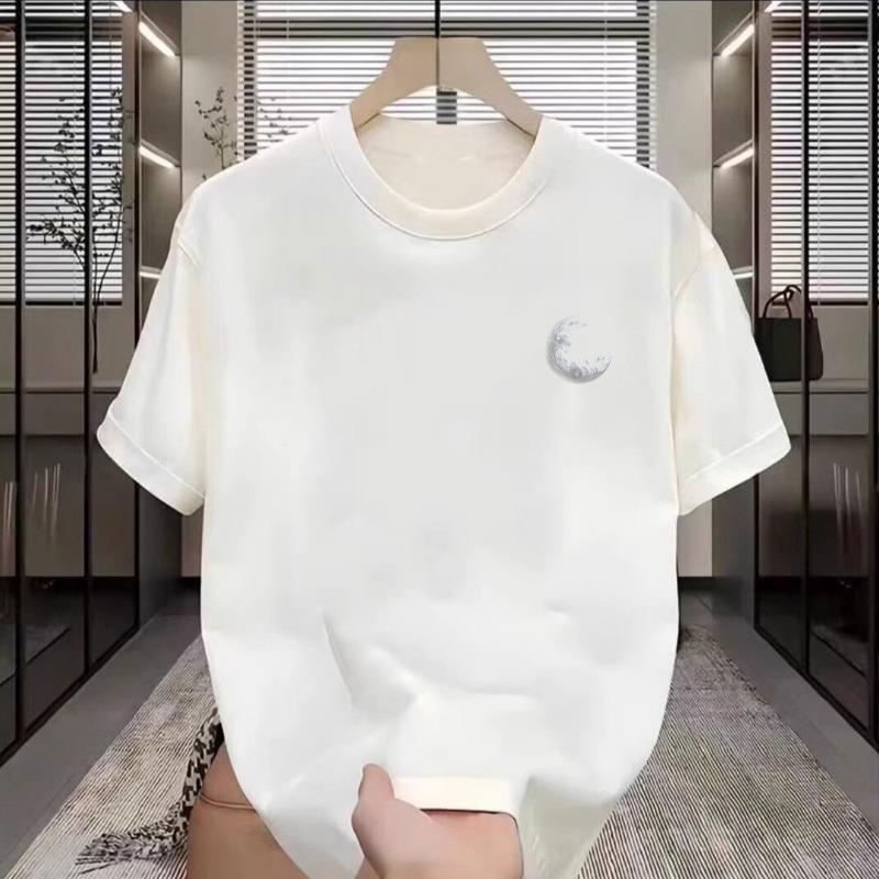 Mens American Style Heavyweight Cotton Loose Short Sleeve Cartoon Moon Print T Shirt
