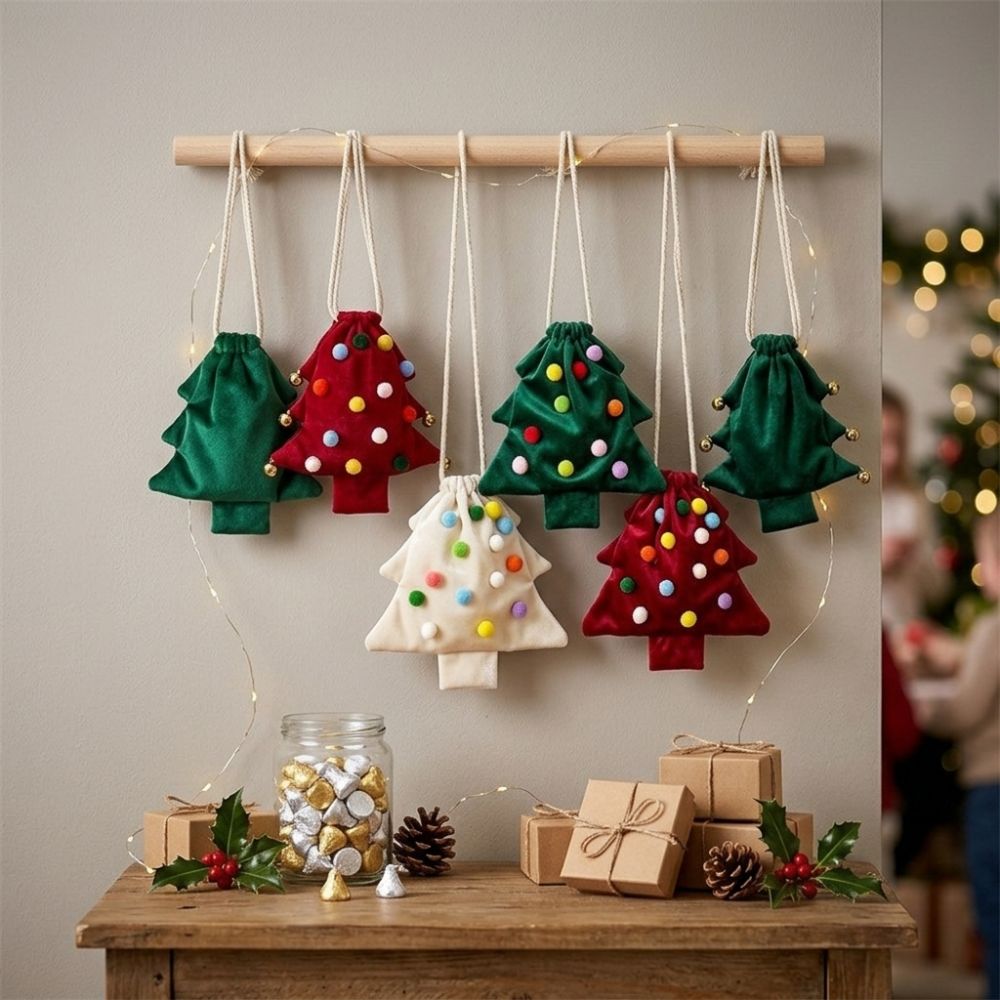 Velvet Christmas Tree Gift Bags Colorful Pom Pom Metal Bell Xmas Tree Hanging Pouch Soft Touch Tree Shaped