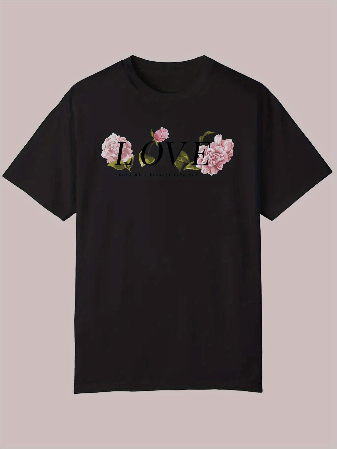 

Summer Casual Short Sleeve T-shirt - Black Floral Print with Pink Roses & Green Leaves S