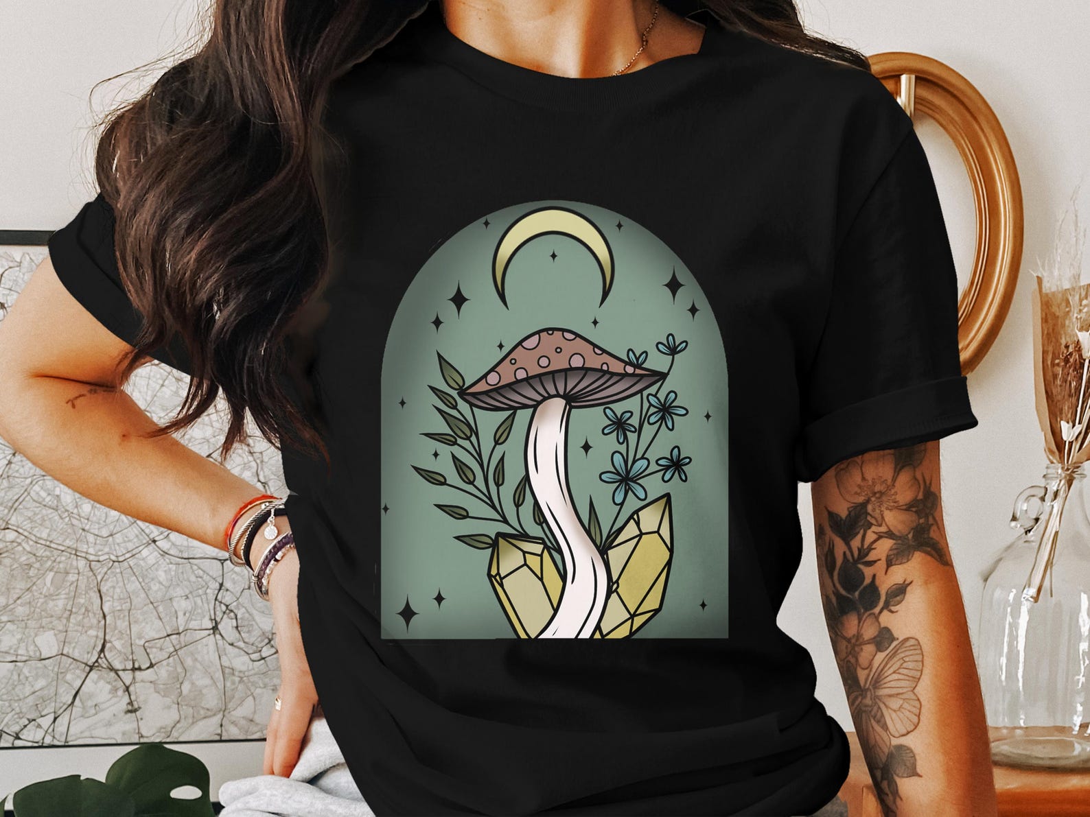 Cottagecore Mushroom Moon and Crystals T-Shirt, Nature Aesthetic Tee, Mystical Fungi Design, Fairycore Graphic Top, Boho Style Shirt S