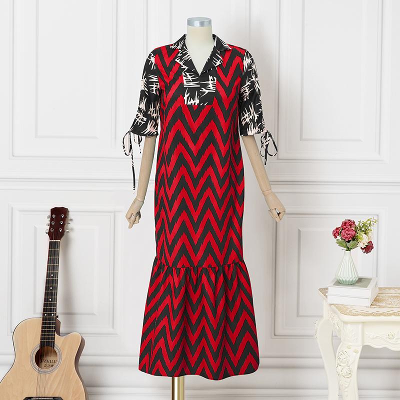 

Женские платья больших размеров с круглым вырезом, рукавом три четверти, в полоску, свободного кроя, с оборками 5XL красный