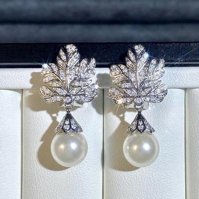 Fashion Leaf Design White Pearl Drop Earrings Female Bohemian  Sterling Silver Pearl Earrings Wedding