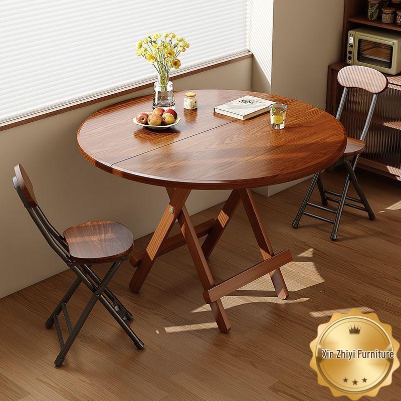 Compact Round Folding Dining Table: Portable Wooden Multi-functional for Small Spaces and Outdoor Use.