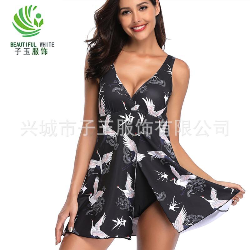 Swimsuit women's new large size conservative crane print sexy bikini one-piece swimsuit