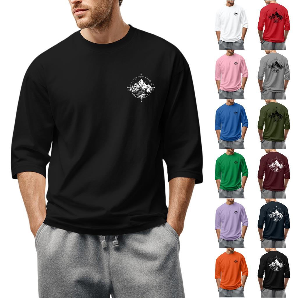 Herren-T-Shirt mit Rundhalsausschnitt, Dreiviertelärmeln, lässiges modisches Oberteil