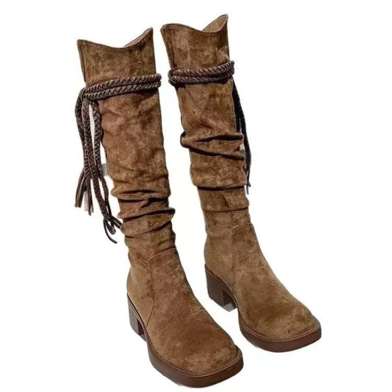 Cowhide Version Retro Knight Boots Women's Wasteland Woven Fringed Boots Heap Western Cowboy Boots High Heel Boots