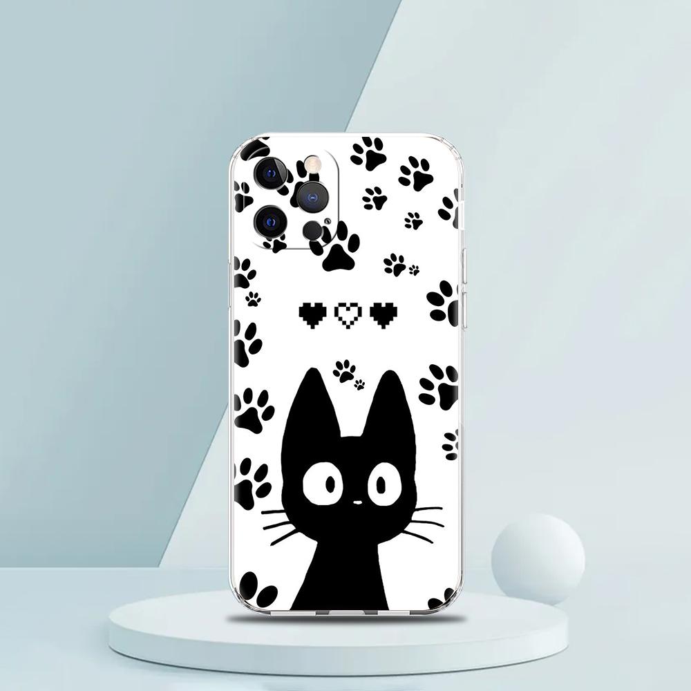 Cute Cartoon Black Cat Luxury Phone Case For iPhone 16 15 14 13 12 11 Pro Max XS X XR SE 7 8 Plus Soft Silicone Clear Cover