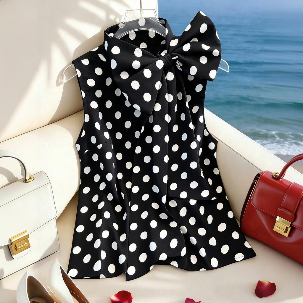 Damen Plus Size Ärmelloses Tanktop Polka Dot Print Rundhals Krawatte vorne Sommerurlaub