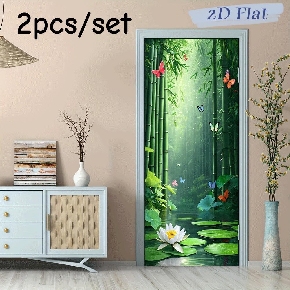 2pcs Bamboo Forest Deep Wall Stickers Natural Scenery Bedroom Living Room Entrance Decoration Stickers Self-adhesive Waterproof
