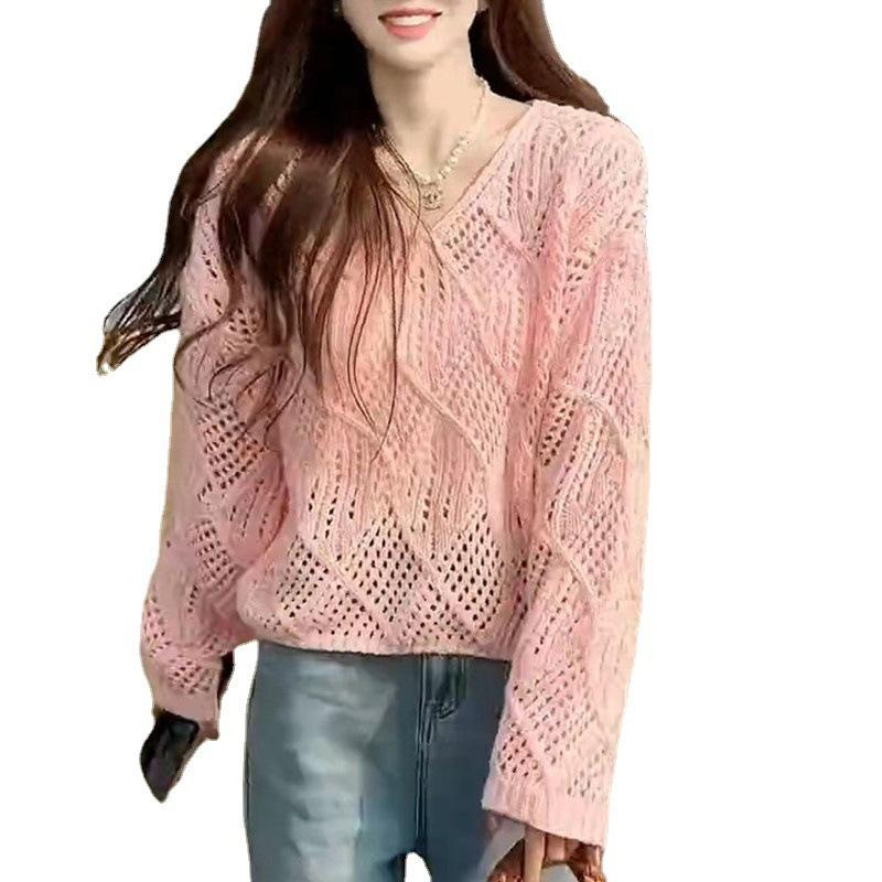 Spring and Summer Hollow Versatile Diamond Knitted Sweater Women Loose and Thin Lazy Long-sleeved Pullover Sweater Women