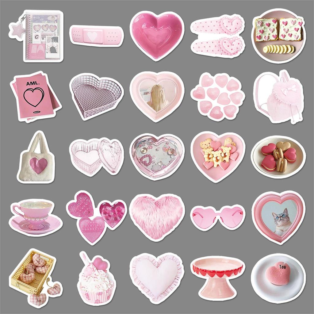 Heart-Shaped Pink Nordic Stickers - 50 pcs Waterproof DIY Decorative for Phone Cases
