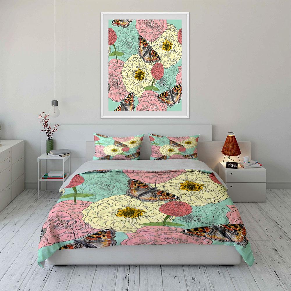 "Floral and Butterfly Decorative Set" kid's and adults' bedroom decor Exquisite three-piece bedding set gift