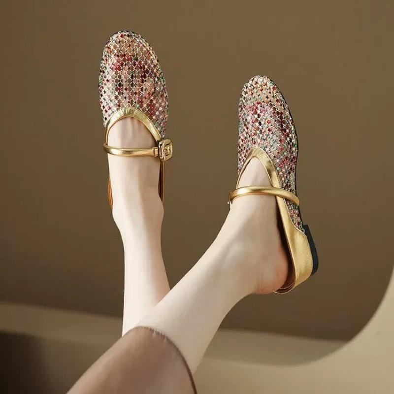 Fashion Giant Soft Inner Heightened Slippers Women's Summer Color Rhinestone Buckle Hollow Mesh Breathable Cool Mop