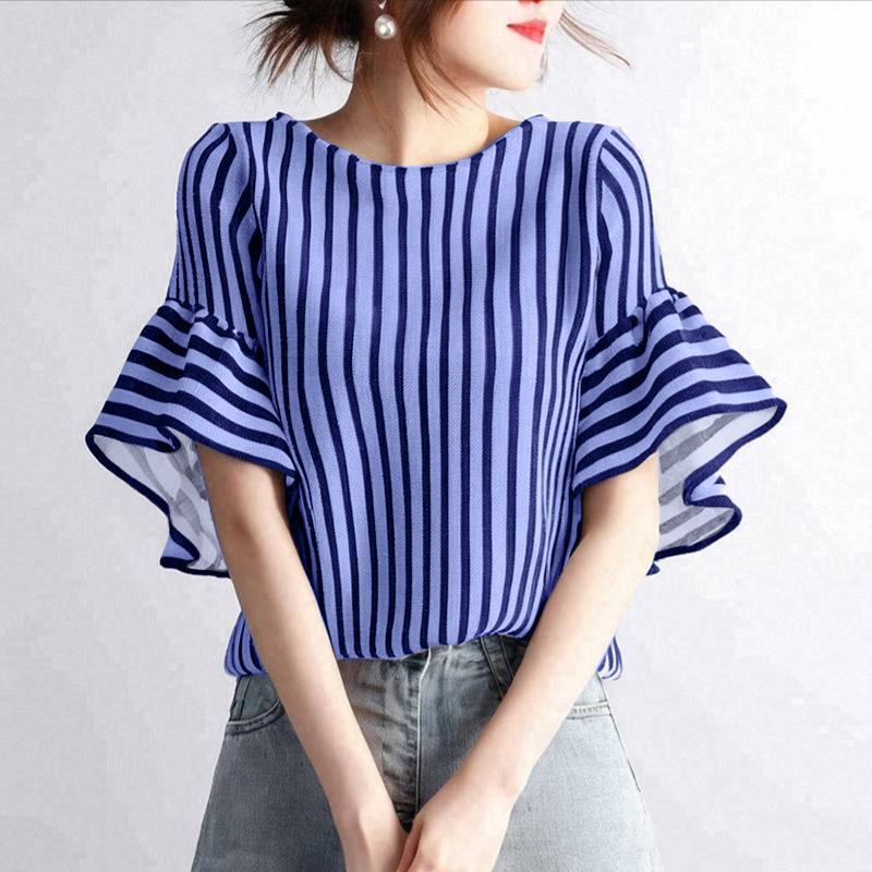 ZANZEA Kvinner Casual Rund Hals Løs Flare Erme Stripe Bluse