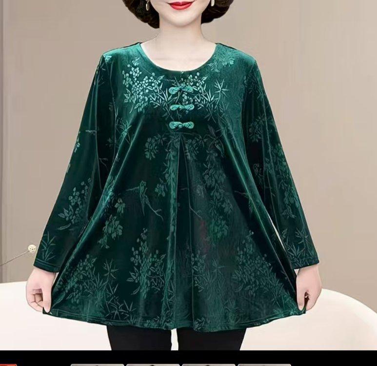 

2025 Весна и Осень Китайский стиль Золотой бархат Большой размер Свободный топ для женщин среднего и пожилого возраста 7XL (190-220 jin) зелёный