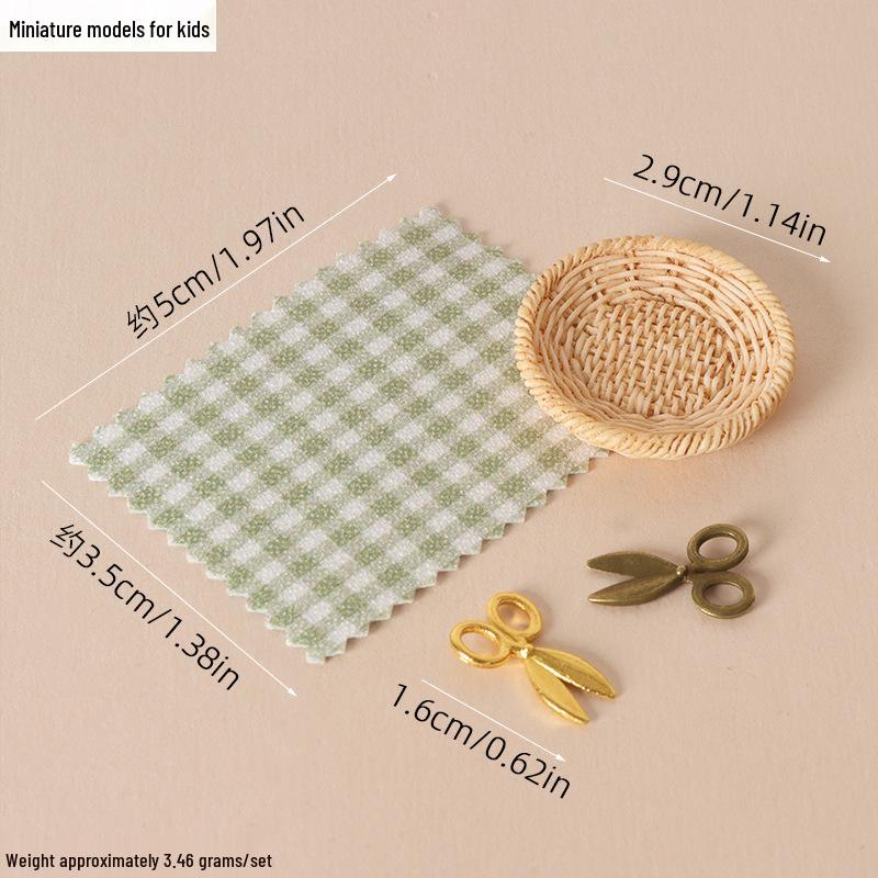 Mini Scissor Plaid Fabric Set for OB11 Dollhouse Sewing, Picnic Scenes, and Toy Photography.