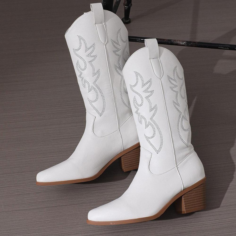 Retro Black Cowboy Boots for Women  New Upgraded High Quality Square Heels Zipper Knee High White Concert Western Boot Shoes