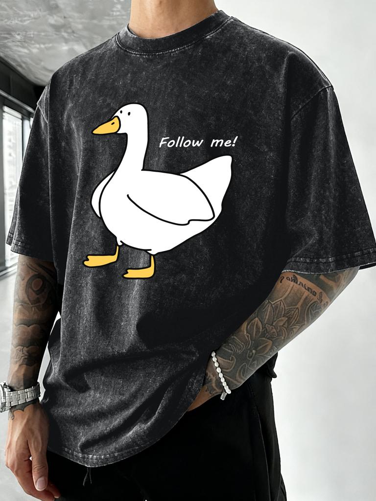 Follow The Goose Design Men Washed T Shirt Summer Hip Hop TShirt Crewneck Cotton Sportswear Casual Oversized Short Sleeves