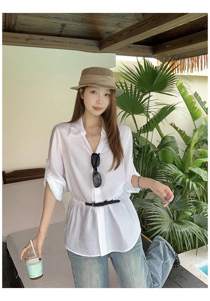 2026 Summer Plus Size Women's Korean Style Elegant Lapel Waist-Cinched Slim Shirt Top