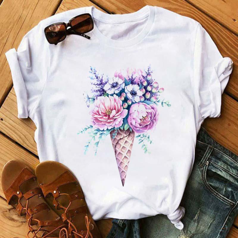 Maycaur Cute Floral Print Women T Shirt Summer Casual Short Sleeve Tshirt Ladies White Flower Tshirt