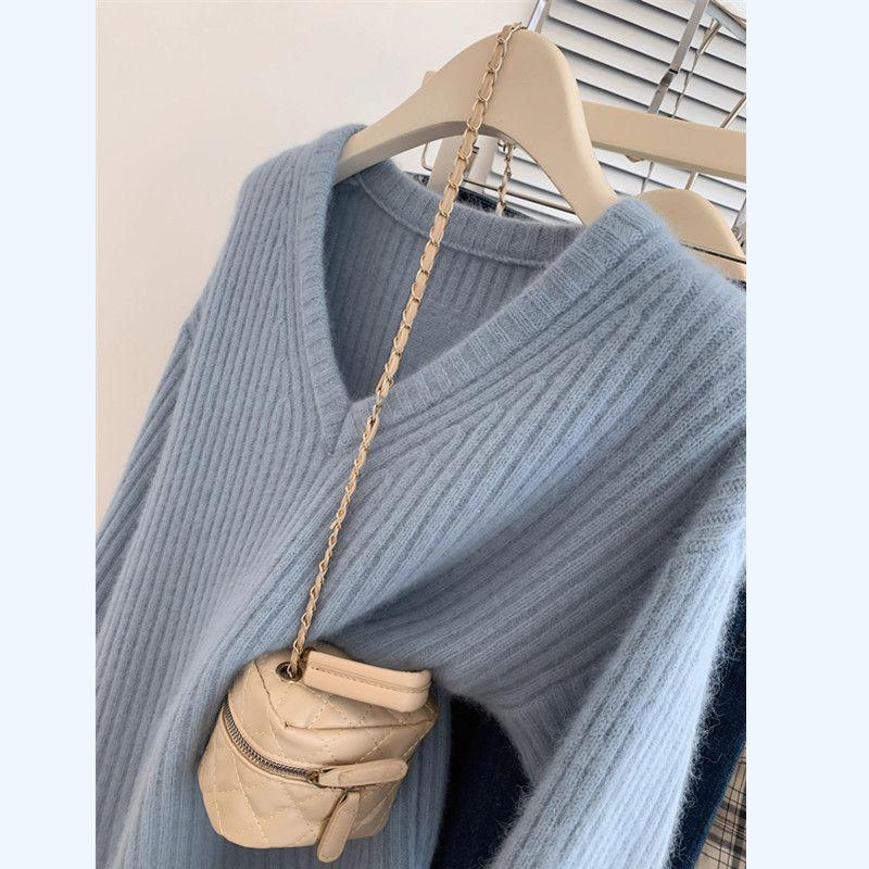 

Women s Cozy Blue Knit Sweater - Loose Fit, Petite, Collar Design for Lazy Winter & Autumn Style S (Recommended 42.5-47.5 kg)