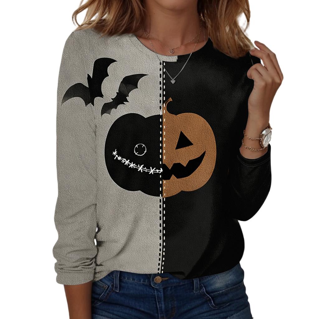Women's Halloween Long Sleeve Printed Crewneck T-Shirt, Casual Fall Top