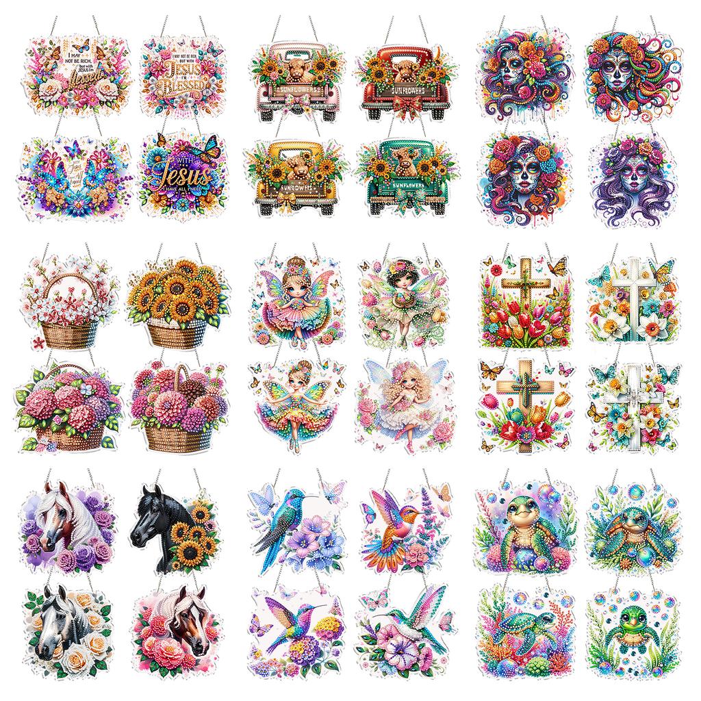 4Pcs 2D/Flat DIY Special Shape Hanging Diamond Art Kits Rhinestone Diamond Art Window Pendants Home Wall Decoration Crafts