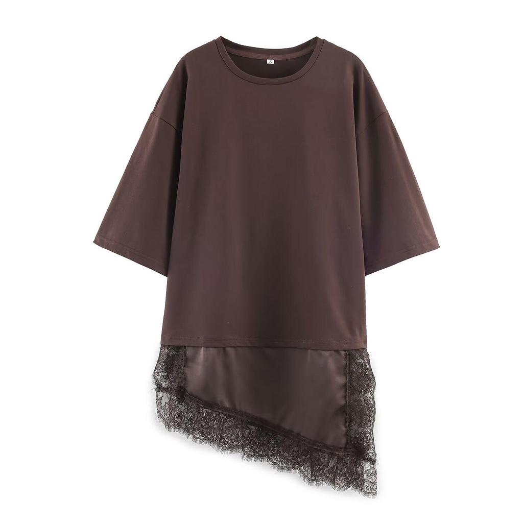 Willshela Damen Mode Uni Spitze Patchwork Asymmetrisches Hemd Vintage Rundhals Halbe Ärmel Weibliche Schicke Dame Bluse