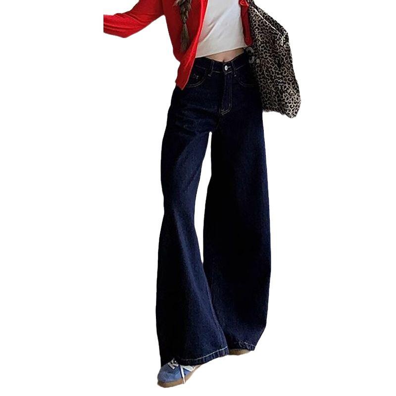 2024 Women's High Waist Dark Blue Retro Straight Jeans - Slim Wide Leg Mopping Trousers