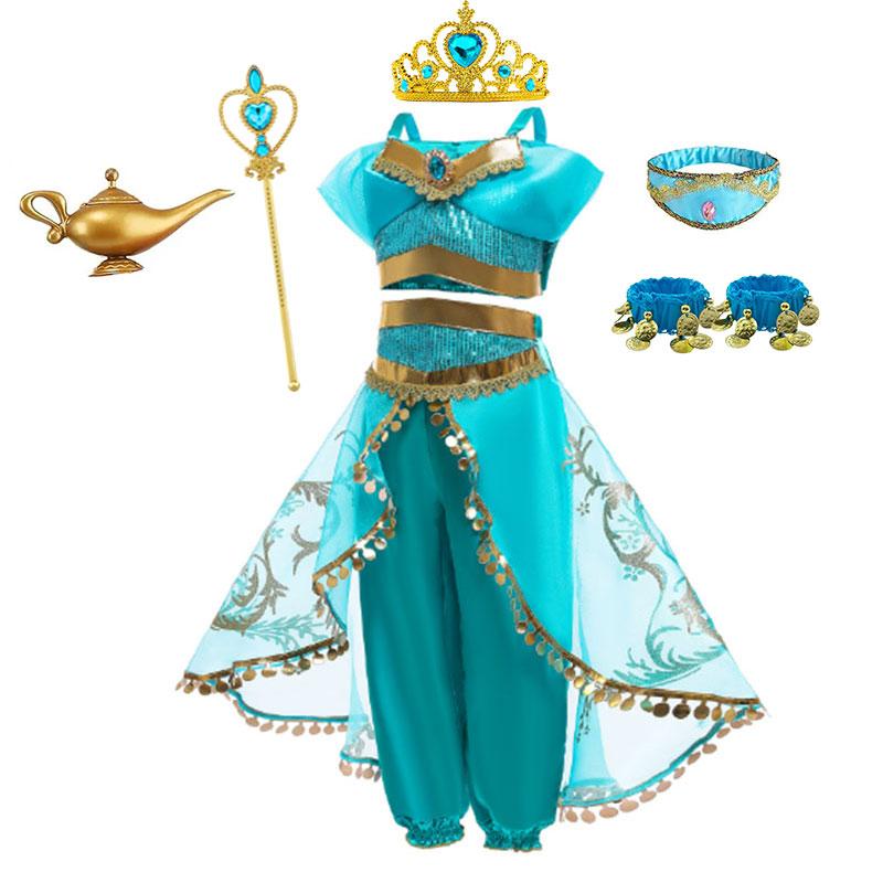 Halloween Arabian Style Princess Costume Kids Jasmine Cosplay Girls Magic Lamp Story Role Play Performance Apparel Dress Set