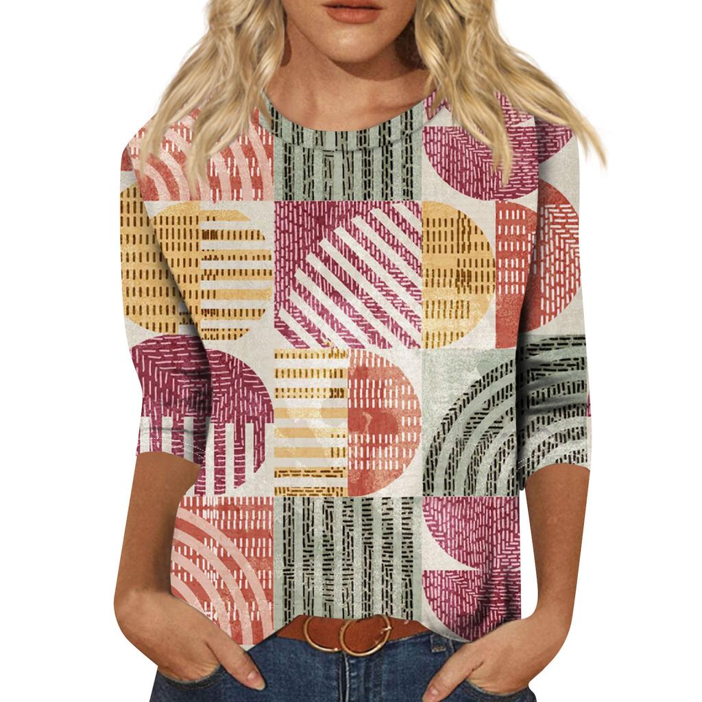 Women's Fashion Casual Vintage Printed Seven Sleeve Round Neck Top Tops for Women Womens Tops and Blouses Tops for Women