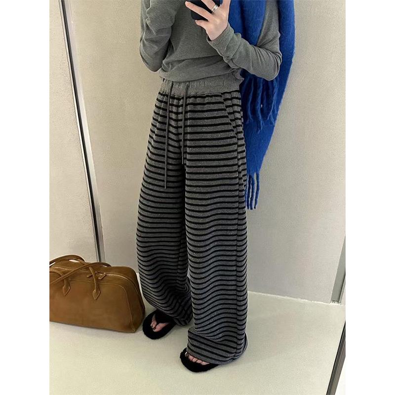 

Женские брюки в корейском стиле в полоску с широкими штанинами и эластичной талией - Коллекция Весна 2025, Длина в пол, Стройнящие, Универсальные, Повседневная одежда с прямыми штанинами X-Large