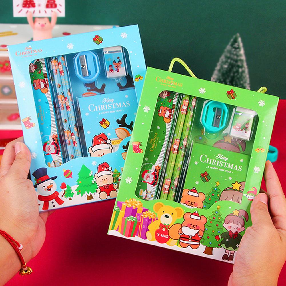 6Pcs Christmas Stationery Gift Set Christmas Party Favors Xmas Stationery Gift Include Cartoon Xmas Notebook Pencil Ruler Eraser