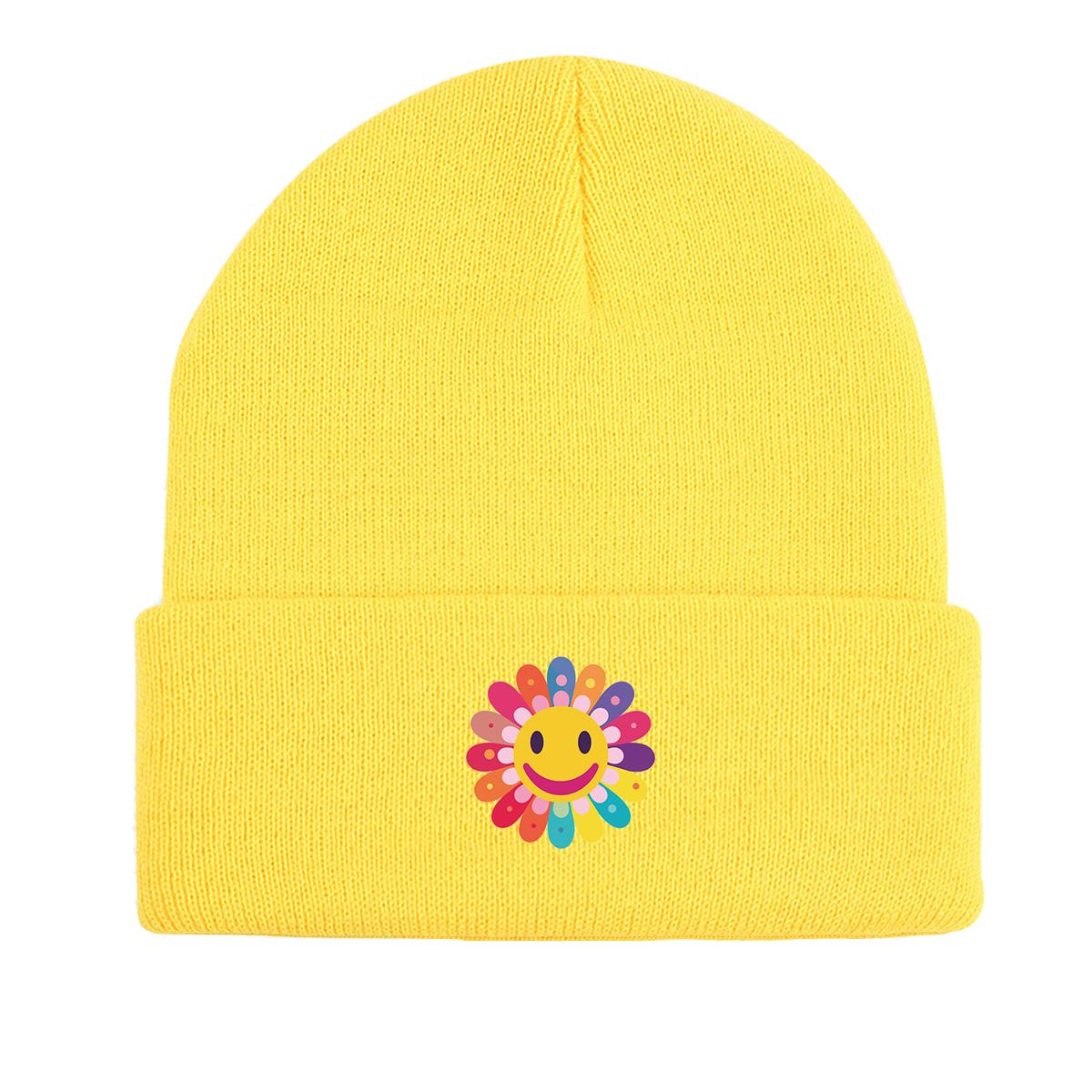 

Цветной узор с изображением улыбающегося цветка, вязаная шапка, женская шапка, подходит для пациентов с раком, страдающих химиотерапией, повседневные шапки с помпоном, вязаная шапка, шапка as the picture жёлтый