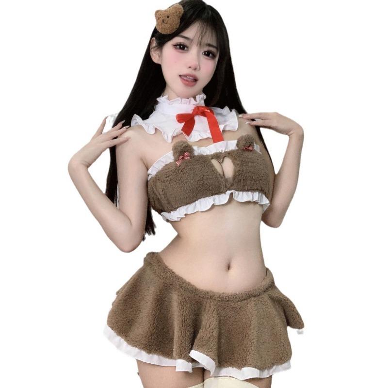 Sex Underwear Hollow Love Open Chest Sexy Cat Ears Plush Women's Split Leaking Navel Uniform