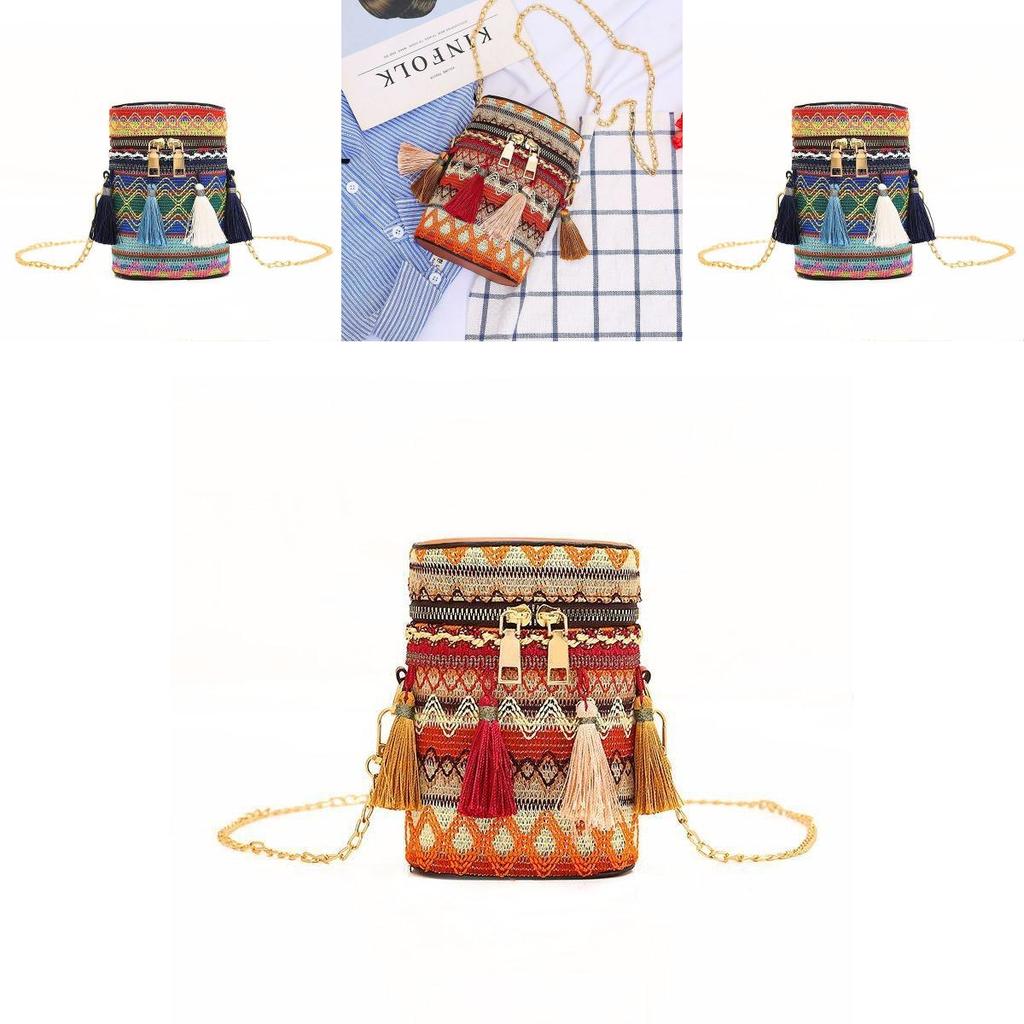 Bohemian Fashion Colorful Woven Texture Bucket Bag With Tassel Accents And Certificate Pocket For Casual Outings